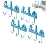 KADAX Juego de 4 percheros de pared de hierro fundido con 3 ganchos, para baño y casa de playa, color azul