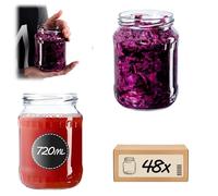 KADAX Juego de 48 tarros de cristal para conservas, 720 ml, TO82, sin tapa, grandes con tapa de rosca, para pepinos, verduras, levadura