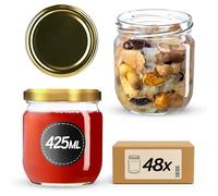 KADAX Juego de 48 tarros para conservas (425 ml, TO82, dorados, con tapa de rosca, herméticos, para preparar comidas, overnight oats, levadura fermentada)