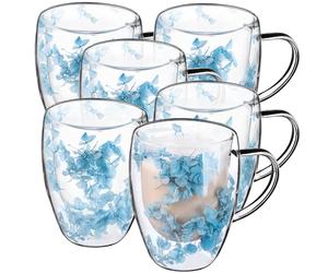 KADAX Juego de 6 vasos térmicos de doble pared de 350 ml, para té y café, vasos de té de vidrio de borosilicato, taza de café con flores secas, taza de té (azul)