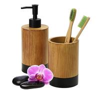 KADAX Juego de baño de 2 piezas, dispensador de jabón y vaso para cepillos de dientes, efecto madera, accesorios de baño para inodoro, juego de baño higiénico para casa y baño (negro de madera)