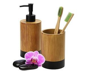 KADAX Juego de baño de 2 piezas, dispensador de jabón y vaso para cepillos de dientes, efecto madera, accesorios de baño para inodoro, juego de baño higiénico para casa y baño (negro de madera)