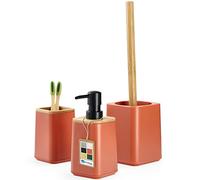 KADAX Juego de baño, dispensador de jabón, vaso para cepillos de dientes y escobilla de inodoro en 6 variantes de color, accesorios de baño modernos con bambú natural, equipamiento de baño (rosa)