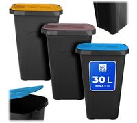 KADAX Juego de cubos de basura de 3 x 30 l, juego de cubos de basura para sistema de reciclaje, cubo de basura de plástico con tapa abatible (3, marrón, amarillo y azul)