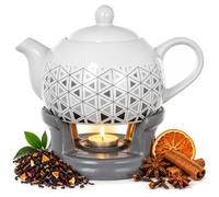 KADAX Juego de tetera de 1 litro con calientaplatos, cafetera de porcelana con tapa, asa y calentador de té, jarra con calentador de velas para té, juego de té (gris/blanco)