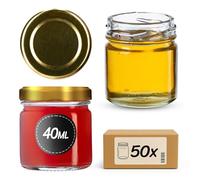 KADAX - Lote de 50 mini tarros de cristal de 40 ml con tapa de rosca de 43 mm de diámetro, tarros de especias, tarros de ensayo, tarros de mermelada, pequeños tarros de miel (50 unidades, tapas