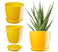 KADAX Maceta con plato, maceta redonda para interiores, elegante maceta de plástico, maceta ligera para flores y plantas para el hogar (12 cm de diámetro, color amarillo)