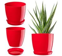 KADAX Maceta con plato, maceta redonda para interiores, elegante maceta de plástico, maceta ligera para flores y plantas para el hogar (28 cm de diámetro, color rojo)