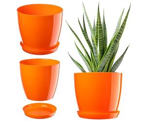 KADAX Maceta con plato, maceta redonda para interiores, elegante maceta de plástico, maceta ligera para flores y plantas para el hogar (20 cm de diámetro, color naranja)