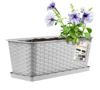 KADAX Maceta de Plástico de Imitación Ratán para Exterior, Macetero Rectangular con Platillo para Ventana, Jardinera para Balcón (Gris, 40 cm)