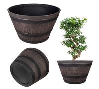 KADAX Maceta Estilo Barril de Madera ø52.5cm, Aprox. 54L, plástico Resistente Intemperie, Marrón/Negro, Decorativa para Jardín, Terraza y Balcón