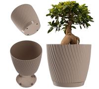 KADAX Maceta redonda de plástico con plato para plantas de interior, maceta de flores atemporal con superficie decorativa para uso interior y exterior (22 cm, Taupe)
