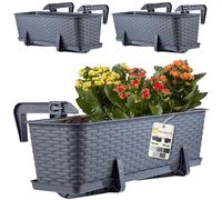KADAX Macetas de Plástico Imitación Ratán, Maceteros Rectangulares con Platillos y Soportes para Exterior, Jardineras Colgantes (3: Grafito, 60 cm)