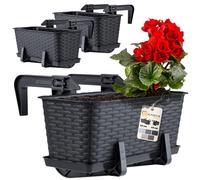 KADAX Macetas de Plástico Imitación Ratán, Maceteros Rectangulares con Platillos y Soportes para Exterior, Jardineras Colgantes (3: Antracita, 40 cm)