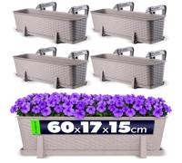 KADAX Macetas de Plástico Imitación Ratán, Maceteros Rectangulares con Platillos y Soportes para Exterior, Jardineras Colgantes (4: Caramelo, 60 cm)