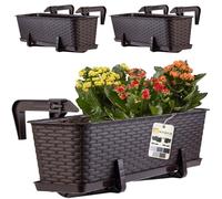 KADAX Macetas de Plástico Imitación Ratán, Maceteros Rectangulares con Platillos y Soportes para Exterior, Jardineras Colgantes (3: Marrón, 60 cm)