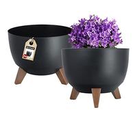 KADAX Macetas Decorativas de Plástico con Soportes, Maceteros con Patas de Imitación Madera para Interiores y Exteriores (Juego de 2: Negro, 29 cm)