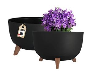 KADAX Macetas Decorativas de Plástico con Soportes, Maceteros con Patas de Imitación Madera para Interiores y Exteriores (Juego de 2: Negro, 39.5 cm)