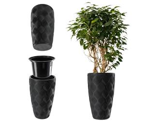 KADAX Macetero con bandeja y asas, maceta de plástico en 5 tamaños, resistente a los rayos UV, jarrón alto resistente a la intemperie, maceta con efecto 3D (negro altura: 58,5 cm)