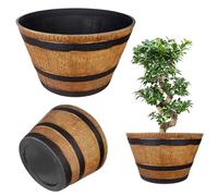 KADAX Macetero con diseño de barril de madera, ø 52.5 cm, de plástico resistente a la intemperie, para jardín, terraza y balcón, maceta decorativa, jarrón o macetero, color marrón claro/negro