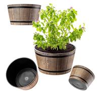 KADAX Macetero con diseño de barril de madera, diámetro de 40 cm, de plástico resistente a la intemperie, para jardín, terraza y balcón, maceta decorativa, maceta o macetero, color marrón moca
