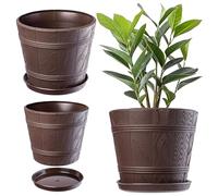 KADAX Macetero con plato, maceta para interior y exterior, aspecto de madera, de plástico, resistente a la intemperie, para flores, jardín, balcón (17 cm de diámetro, color marrón)