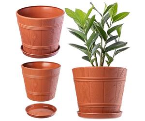 KADAX Macetero con plato, maceta para interior y exterior, aspecto de madera, de plástico, resistente a la intemperie, para flores, jardín, balcón (26 cm de diámetro, terracota)