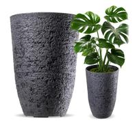KADAX Macetero de 35 cm de diámetro x 50 cm de alto, maceta grande con aspecto de piedra realista, maceta de plástico, resistente a la intemperie para jardín (negro)