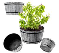 KADAX Macetero Decorativo de Plástico, Maceta Grande con Estilo Rústico de Barril de Madera para Jardín o Decoración Exterior (Gris Claro, 40 cm)