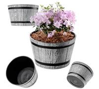 KADAX Macetero Decorativo de Plástico, Maceta Grande con Estilo Rústico de Barril de Madera para Jardín o Decoración Exterior (Gris Claro, 30 cm)