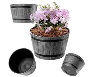 KADAX Macetero Decorativo de Plástico, Maceta Grande con Estilo Rústico de Barril de Madera para Jardín o Decoración Exterior (Gris Oscuro, 30 cm)