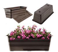 KADAX Macetero para balcón, de plástico, resistente a la intemperie, maceta, barandilla para el cultivo de flores y hierbas (40 cm con platillo, marrón)