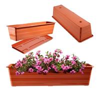 KADAX Macetero para balcón, de plástico, resistente a la intemperie, maceta, barandilla para el cultivo de flores y hierbas (60 cm con platillo, terracota)