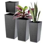 KADAX Maceteros Altos para Plantas de Interior y Exterior, Macetas de Plástico, Jardineras Altas (Imitación Ratán, Grafito, 36 cm, 46.5 cm y 57 cm)