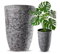 KADAX Plantenbak Ø 35 x H 50 cm, gran maceta de aspecto realista de piedra, maceta de plástico, maceta resistente a la intemperie para terraza (gris)