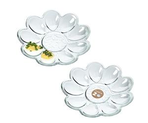 KADAX Plato para Huevos de Cristal, 21,5 cm, práctico Plato para Huevos, Soporte para Huevos, Bandeja para Huevos, Bandeja para Huevos, Bandeja (2 Formas de Flores, Transparente, 18 Huevos (2 x 9)