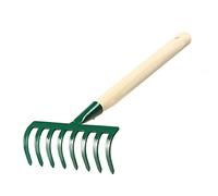 KADAX Rastrillo de mano, pequeño rastrillo de metal con mango corto de madera para jardinería, rastrillo de jardín duradero para aflojar el suelo y eliminar malas hierbas (verde, 8 dientes)