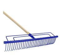 KADAX Rastrillo de metal, rastrillo ancho con cabeza reforzada, rastrillo de jardín con mango largo de madera, resistente herramienta de jardín (32 dientes, azul)