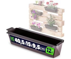 KADAX Set de 12 jardineras para paletas con sistema de suspensión, 37x9 cm Marrón, para plantar y decorar como jardinera de balcón, maceta para paleta europea, inserto para maceta y florero en