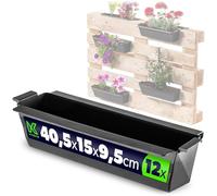 KADAX Set de 12 jardineras para paletas con sistema de suspensión, 37x9 cm Negro, para plantar y decorar como macetero de balcón, maceta para paleta europea, inserto de maceta y maceta decorativa en