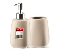 KADAX - Set de 2 piezas para baño de cerámica, accesorios de baño, dispensador de jabón, recipiente de baño, jabonera y escobilla de WC (recipiente y dispensador beige)