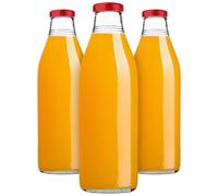 KADAX Set de 3 botellas de vidrio de 1L con tapón de rosca rojo - Botellas de leche y zumo vacías para rellenar con zumo, leche, batidos y jarabe, botellas de vidrio rellenables