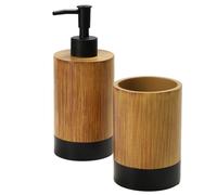 KADAX Juego de baño de 2 piezas, dispensador de jabón y vaso para cepillos de dientes, efecto madera, accesorios de baño para inodoro, juego de baño higiénico para casa y baño (negro de madera)