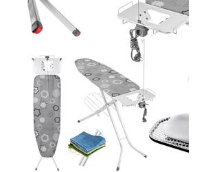 KADAX Tabla de planchar plegable, 120x38cm Tabla de planchar con vapor y tomacorriente, mesa de planchar con patas antideslizantes, altura ajustable con soporte para plancha (Gris)