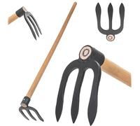 KADAX Tacón de patata de 3 dientes con mango largo de madera, tacón de jardín de acero forjado, tacón de estiércol para jardinería, talón para jardín (con tallo)
