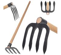 KADAX Talón de patata de 4 dientes con mango largo de madera, tacón de jardín de acero forjado, tacón de estiércol para jardinería, talón para jardín (con tallo)