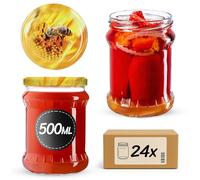 KADAX Tarros de cristal 500ml, tarros de almacenamiento con tapa de rosca de 82 mm, tarros para envasado, tarro para mermeladas de frutas, verduras, miel y conservas, tarro de envasado (abeja, 24