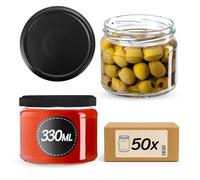 KADAX Tarros de cristal para mermelada, 330 ml, con tapa de rosca fi82 mm, para mermelada, miel y mermelada, tarros de cristal con tapa (negro mate, 50 unidades)