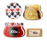 KADAX Tarros de mermelada de 300 ml con tapa de rosca fi82 mm, tarros pequeños para miel y especias, tarros de mermelada con tapa, tarros herméticos para regalar (corazones, 10 unidades)