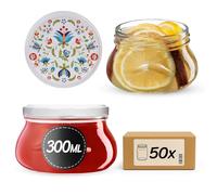 KADAX Tarros de mermelada de 300 ml con tapa de rosca fi82 mm, tarros pequeños para miel y especias, tarros de mermelada con tapa, tarros herméticos para regalar (flores, 50 unidades)